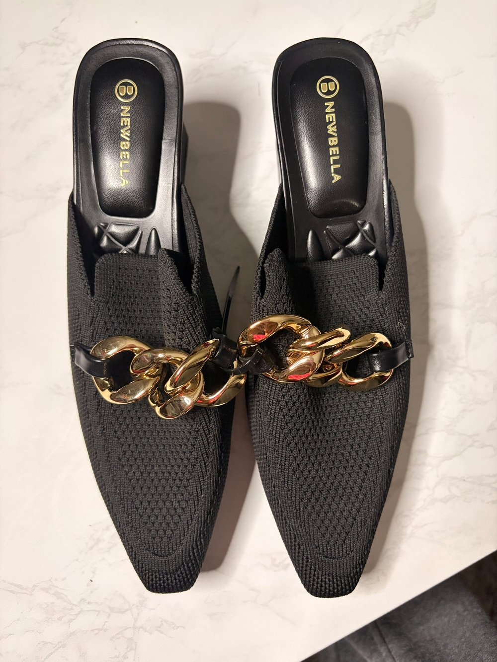 NewBella Black Pointed Knit Mules with Gold Chain Trim